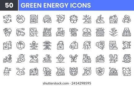 Green Energy vector line icon set. Contains linear outline icons like Renewable Energy, Environment, Save Energy, Eco, Electric Car, Fertilizer, Ecology, Geothermal. Editable use and stroke.