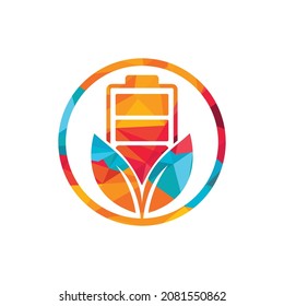 Green energy vector logo design. Green leaf and battery sign. Eco battery sign.	
