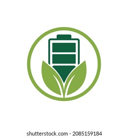 Green energy vector logo design. Green leaf and battery sign. Eco battery sign.	