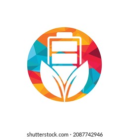 Green energy vector logo design. Green leaf and battery sign. Eco battery sign.	