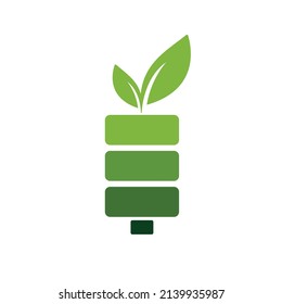 Diseño del logotipo del vector de energía verde. Hoja verde y señal de batería. Señal de la batería ecológica.	