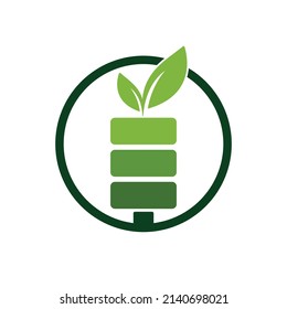 Green energy vector logo design. Green leaf and battery sign. Eco battery sign.	