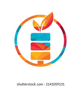 Diseño del logotipo del vector de energía verde. Hoja verde y señal de batería. Señal de la batería ecológica.	