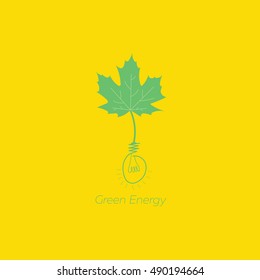 Green energy vector logo design and bulb with yellow background