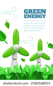 Green energy vector poster design. 3D cartoon wind turbines in nature. Alternative ecological energy sources. Ecology and environmental conservation and protection concept