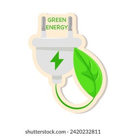 Green Energy vector sticker, plug with leaf, abstract Energy Saving symbol.