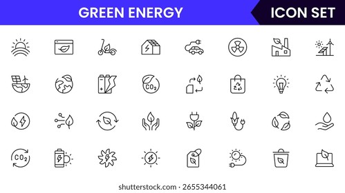 Green energy vector web line icon collection, sleek illustrations of solar panels, wind turbines, eco-tech for sustainable, green designs.