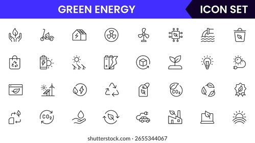 Green Energy Vektor Web Line Icon Kollektion, schlanke Illustrationen von Solarmodulen, Windturbinen, Öko-Tech für nachhaltige, grüne Designs.