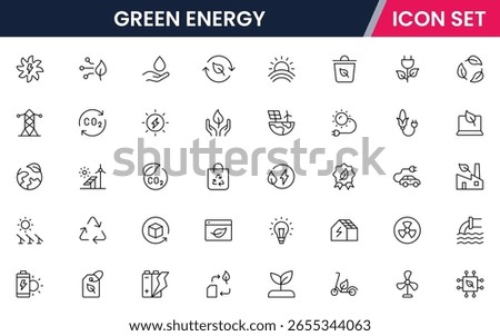 Green energy vector web line icon collection, sleek illustrations of solar panels, wind turbines, eco-tech for sustainable, green designs.