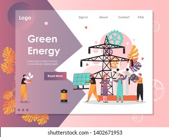 Modelo de site de vetor de energia verde, página da Web e design de página de aterrissagem para desenvolvimento de site e site móvel. Conceito de energia renovável com linhas de alta tensão, moinhos de vento, painel solar, trabalhadores.