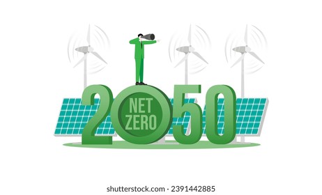 Grüne Energie und Vision im Jahr 2050. Ein national festgelegter Beitrag, Netto-Null-Emissionen, globales Ziel, CO2-Fußabdruck, Weltumweltpolitik, Konzept des grünen und klimatischen Übergangs.