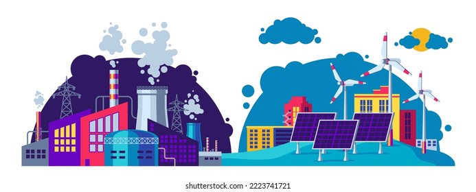 Green energy vs pollution. Solar renewable power electricity generation and fossil thermal coal nuclear production, industrial concept. Vector illustration. Solar panels, windmills