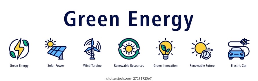 Green Energy web banner icon vector illustration with icons of Green Energy, Solar Power, Wind Turbine, Renewable Resources, Green Innovation, Renewable Future, and Electric Car.