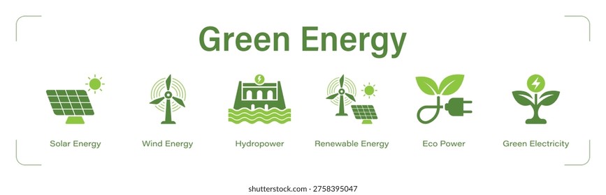 Green Energy web banner icon set. vector illustration concept with icon of Solar Energy, Wind Energy, Hydropower, Renewable Energy, Eco Power, Green Electricity.