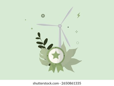Green Energy Wind Turbine with Badge. Eco-friendly wind turbine with badge representing sustainable green energy and environmental achievement. Flat design. Vector illustration