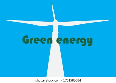 Green energy. Wind turbine profile of white color  on blue sky background.  Vector format. Template.