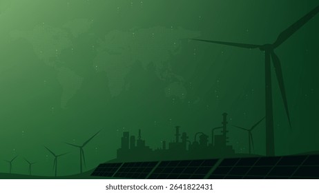 Green energy wind turbine solar panel factory world map background, sustainable industry concept