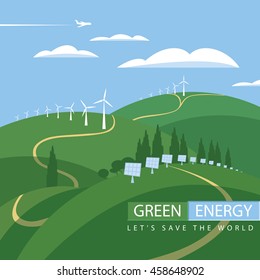 green energy, wind turbines and solar panels on the landscape clouds sky