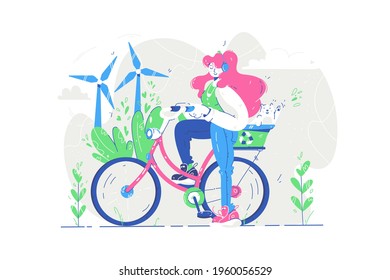 Green energy and wind turbines vector illustration. Woman on electric bicycle riding on city roads flat style. Ecology and renewable energy concept. Isolated on white background