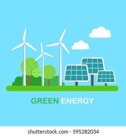 Green energy windmills and solar panels on grass. Flat style vector illustration clipart.