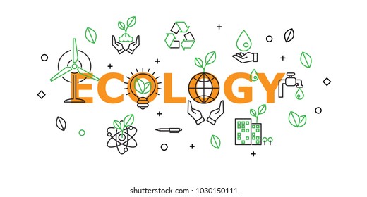 Green Energy Word with Icon Set in Concept of Ecology, Green Energy and Save the world. Flat Thin line designed vector illustration on white Background. Editable Stroke.