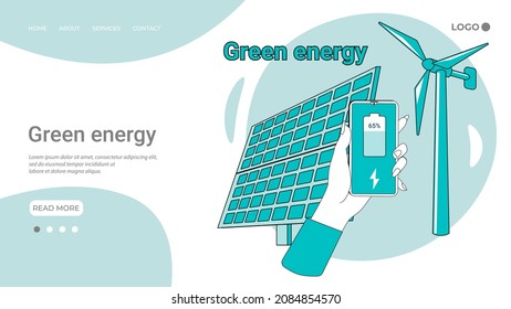 Green energy.Charging your smartphone by using the energy of light and wind.The concept of clean energy and environmental protection.An illustration in the style of a landing page in green.
