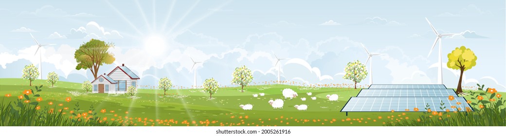 Energía verde, Eco amigable en pueblo, Casa Solar y energía de molino de viento con luz matutina en primavera,Campo de cultivo solar vectorial con ovejas en verano soleado. Caricatura respetuosa con el medio ambiente