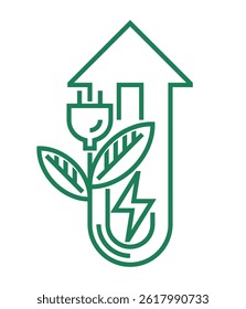 Green energy-efficient electricity emblem in bold line - Interaction of electric plug, leaf and house symbols