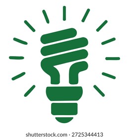 Um ícone de lâmpada verde com eficiência energética com linhas radiantes, simbolizando inovação e ideias ecológicas.