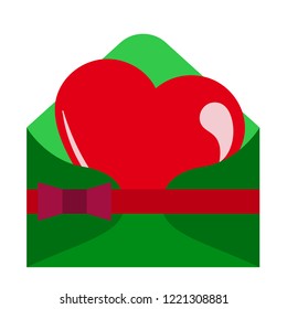 Green envelope with a bow and big red heart on white background