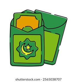 A green envelope containing money, often given as part of Eid al-Fitr celebrations.