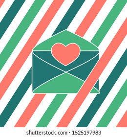 Green envelope with coral heart for Valentine's day or wedding. Vector illustration EPS 10.