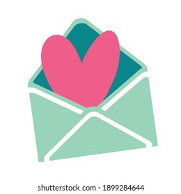 A green envelope with a heart inside. Vector, white background, isolated.