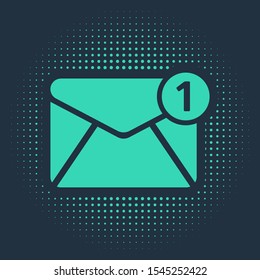 Green Envelope icon isolated on blue background. Received message concept. New, email incoming message, sms. Mail delivery service. Abstract circle random dots. Vector Illustration