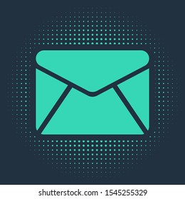 Green Envelope icon isolated on blue background. Email message letter symbol. Abstract circle random dots. Vector Illustration