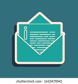 Green Envelope icon isolated on blue background. Email message letter symbol. Long shadow style. Vector Illustration