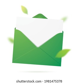 Green envelope with leaves. Fresh message, concept vector illustration.