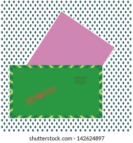 green envelope with letter tipped pink and clean lines, with dotted background.