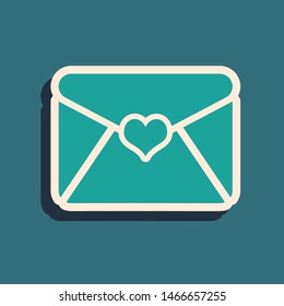 Green Envelope with Valentine heart icon isolated on blue background. Letter love and romance. Long shadow style. Vector Illustration
