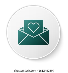Green Envelope with Valentine heart icon isolated on white background. Message love. Letter love and romance. White circle button. Vector Illustration