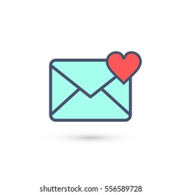 Green envelope with Valentine heart, vector isolated color icon.