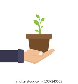 Green environment concept, hand, plant, pot, flat design vector illustration