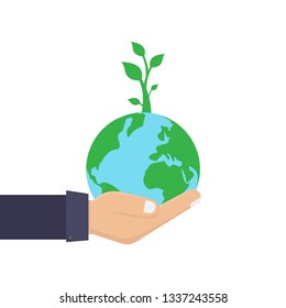 Green environment concept, hand, plant, save earth, flat design vector illustration