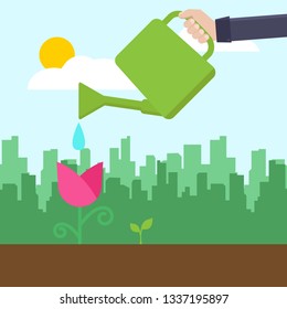 Green environment concept, watering flower, green city, flat design vector illustration