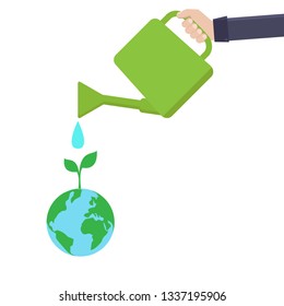 Green environment concept, watering plant, save earth, flat design vector illustration