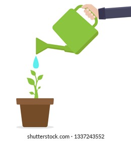 Green environment concept, watering plant in pot, flat design vector illustration