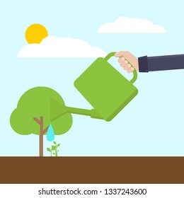 Green environment concept, watering plant and tree, flat design vector illustration