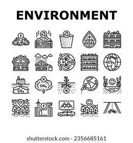green environment earth nature icons set vector. eco recycle, world save, ecology plant, environmental engineer, planet global day green environment earth nature black contour illustrations