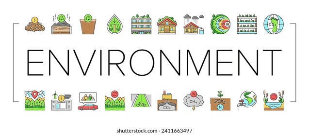 green environment earth nature icons set vector. eco recycle, world save, ecology plant, environmental engineer, planet global day green environment earth nature color line illustrations