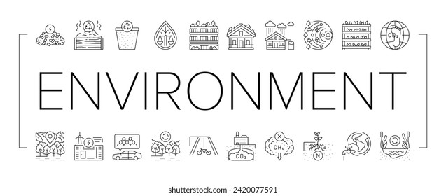 green environment earth nature icons set vector. eco recycle, world save, ecology plant, environmental engineer, planet global day green environment earth nature black line illustrations